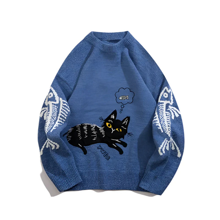Y2k Street Cute Cat Knitted Sweater Blue M - VILIVAUN