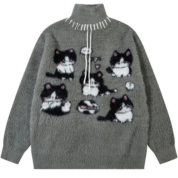 Y2k Turtleneck Cat Picnic Sweater Gray M - VILIVAUN