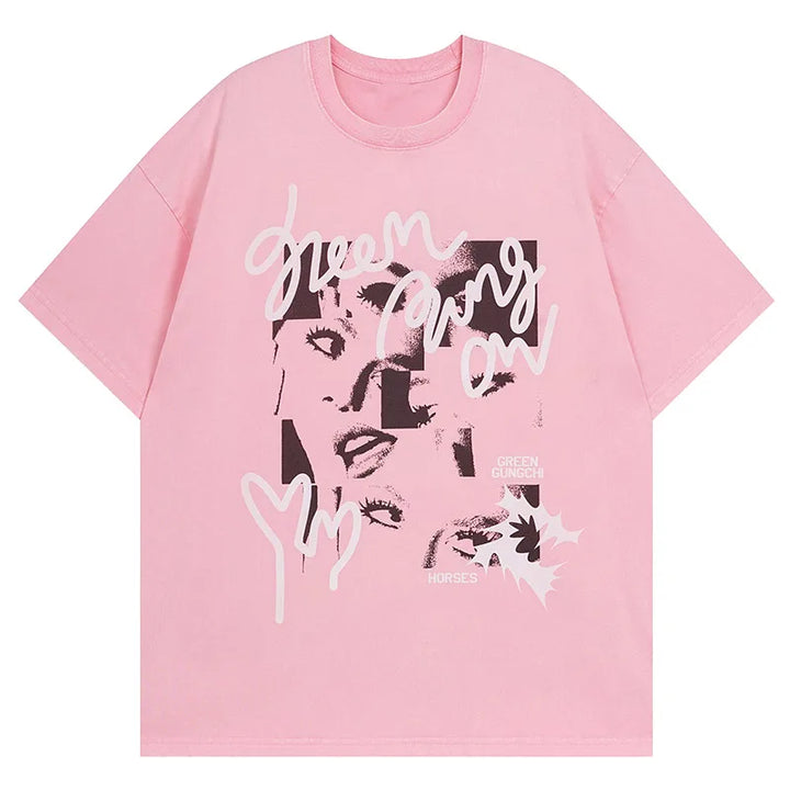 Women's Face Printed T-Shirt  Pink S  - VILIVAUN