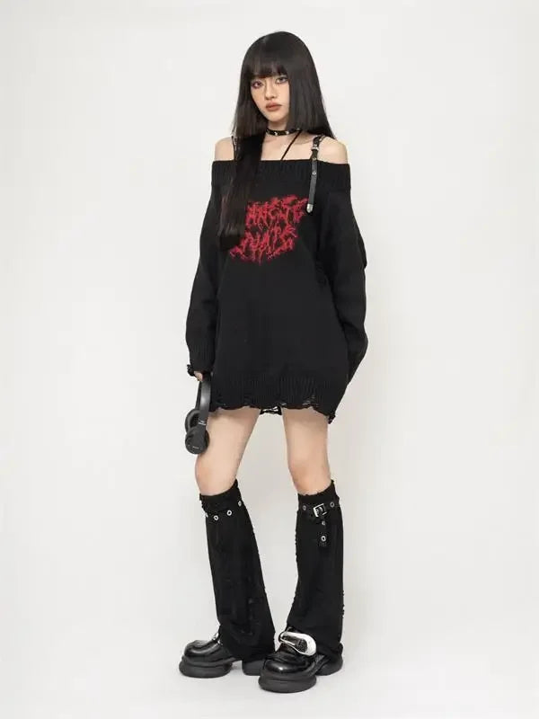 Y2k Gothic Slash Noir Sweater     - VILIVAUN