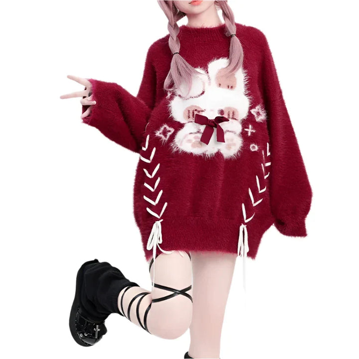 Red Kawaii Knitted Bunny Sweater - VILIVAUN