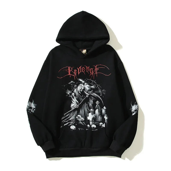 Revenge Skeleton Head Print Fleece Hoodie