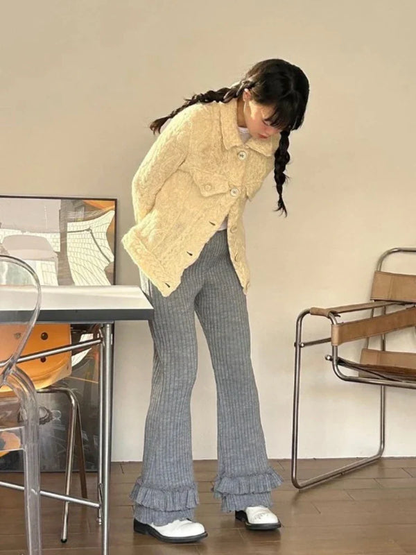 Vintage Korean Ruffles Flare Wide Pants