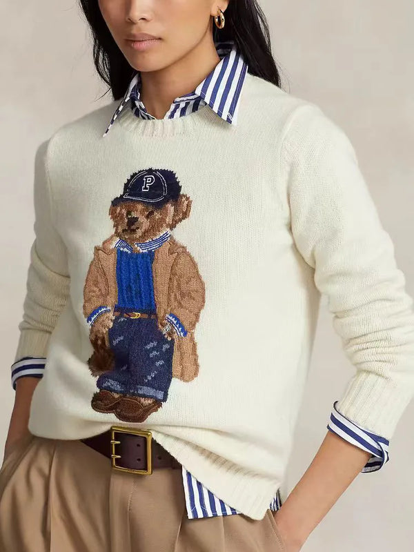 Cozy Bear Print Cashmere Knit Sweater