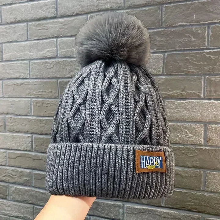 Winter Thick Fur Ball Knitted Beanie  Grey   - VILIVAUN
