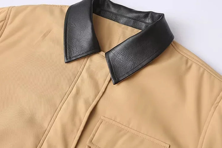 Faux Leather Contrast Sleeve Coat     - VILIVAUN