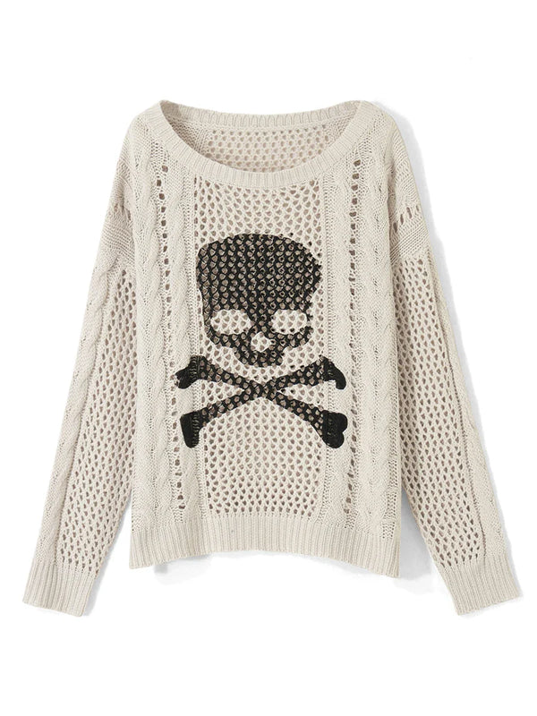 Y2K Skull Graphic Distressed Knit Sweater  Beige S  - VILIVAUN