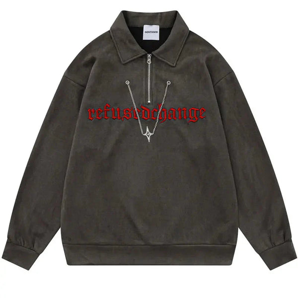 Y2K Embroidery Letter Half Zipper Sweater Grey M - VILIVAUN