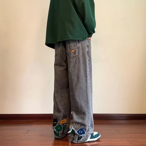Straight Leg Flower Embroidery Jeans
