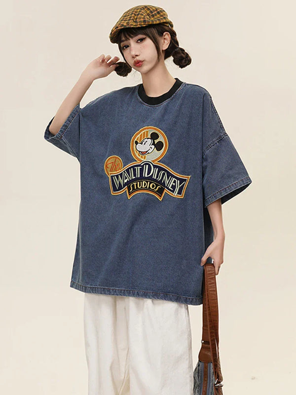 Vintage Fun Embroidery Oversize Denim T-Shirt