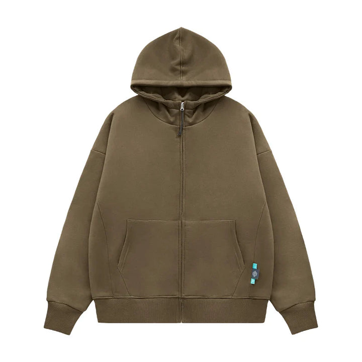 Heavy Weight Fleece Zipper Hoodie  Khaki S  - VILIVAUN