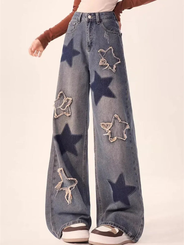 Vintage Korean Star Embroidery Baggy Jeans