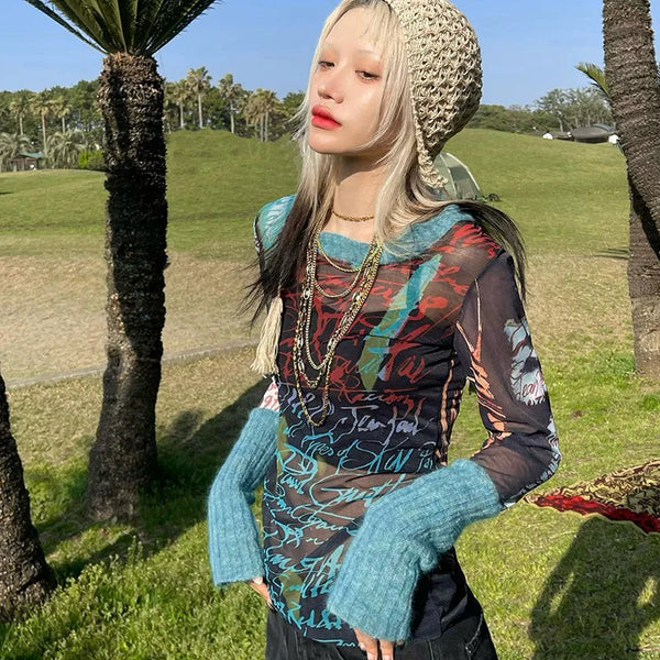 Y2K Sheer Mesh Patchwork T-Shirt