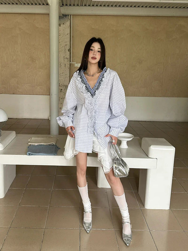 Plaid Oversized Ruffles Shirt