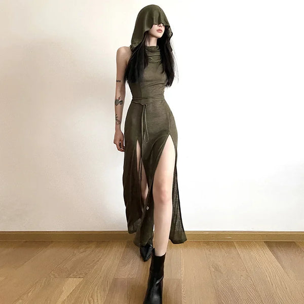 Y2K Gothic Hooded Cut Out Midi Dress