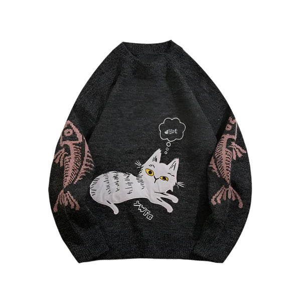 Y2k Street Cute Cat Knitted Sweater black M - VILIVAUN