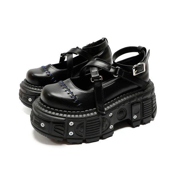 Cross Belt Black Leather Shoes