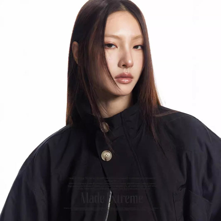 Vintage High Neck Buttoned Jacket     - VILIVAUN